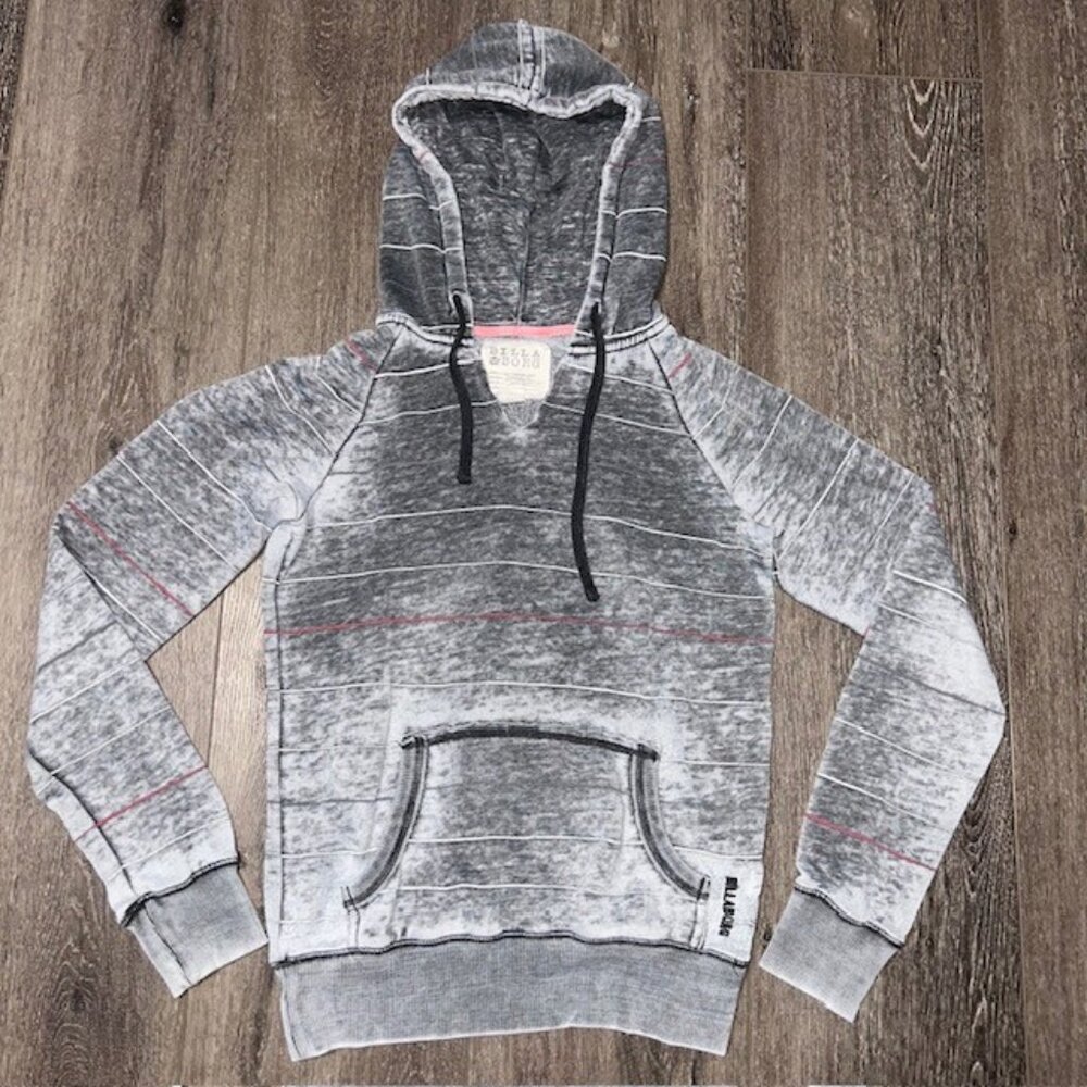 Billabong Hoodie Womens Medium Gray Striped Pullover Sweatshirt Fleece Surf